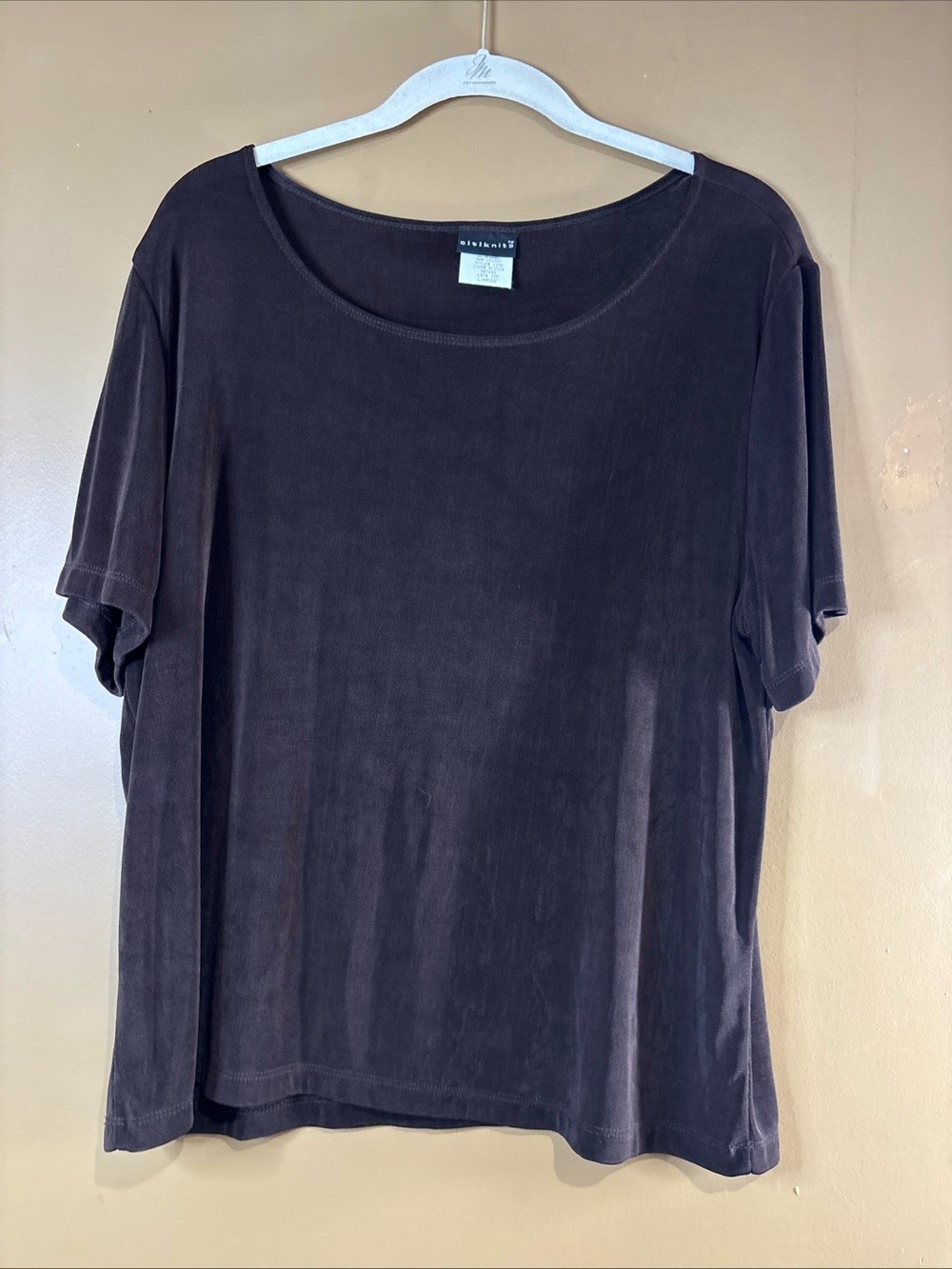 HC1014 Citiknits Short Sleeve Top Women’s Brown Round Neck Slinky Fabric Blouse